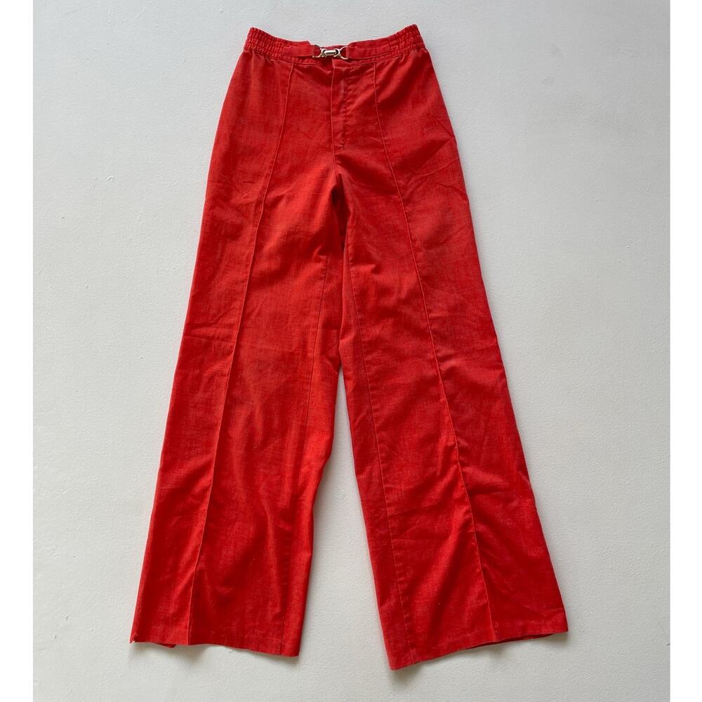 Vtg 70s Orange High Rise Bellbottom Pants / Sz S / Petite Flares Buckle Hippie